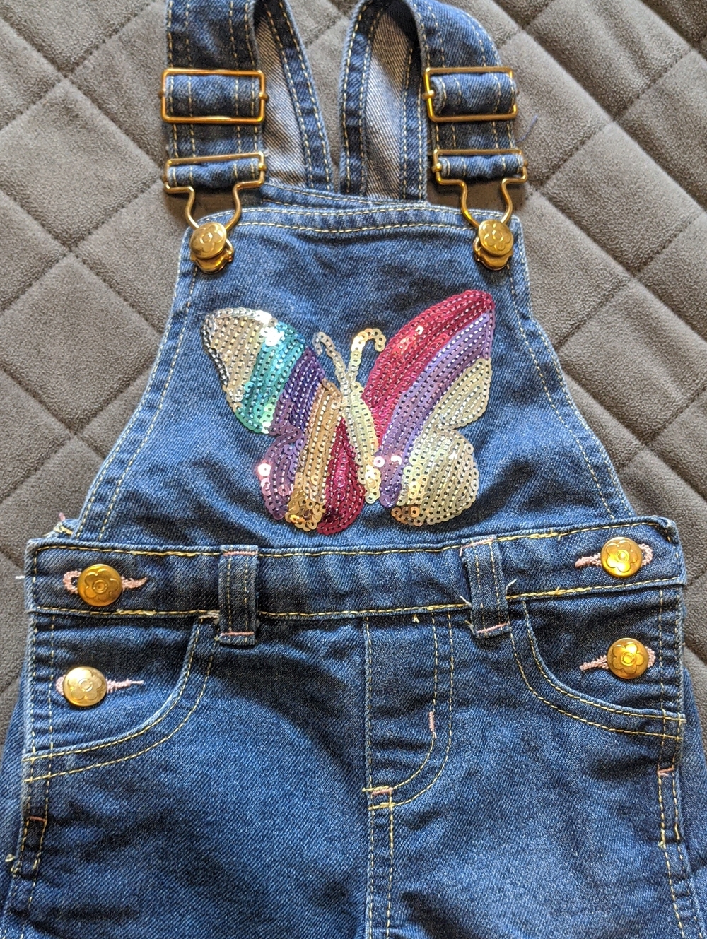 Colette Lilly Baby Girl Butterfly Sequin Denim Shortalls Overalls Size 12M - Picture 3 of 11